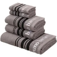 Bruno Banani Handtuch Set Daniel, 1 Duschtuch 70x140, 2 Handtücher 50x100, 2 Gästetücher 30x50, Walkfrottee (Set, 5-St), Streifen-Bordüre & Markenlogo, weich, 100% Baumwolle