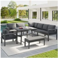 Merax Gartenlounge-Set für 8 Personen in L-Form, Handgeflochtene Gartensofa-Garnitur, (6-tlg), Gartenmöbel mit 3 Sofas, Sessel & Hocker, Tisch mit Glas in Holzoptik