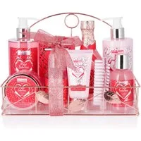 BRUBAKER Pflege-Geschenkset Dusch- und Badeset mit Himbeer Duft, Beauty Wellness Set, 10-tlg., Frauen Geschenkset in Badregal Rosé Gold, Damen Pflegeset