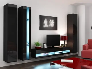 Mediawand Wohnwand 4 tlg - SENTIC 7 - Schwarz Hochglanz inkl.LED