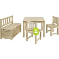 BOMI Kindersitzgruppe Holzsitzgruppe Anna, (Set, 4-tlg., 1x Tisch, 1x Truhenbank & 2x Stühle), Kindertischgruppe aus Holz, als Spiel- & Maltisch