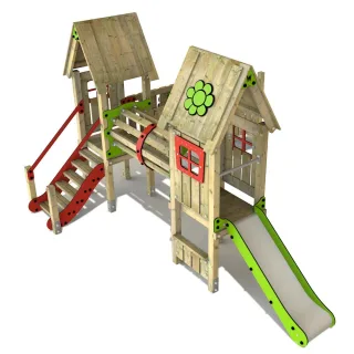 Spielplatzgerät PRO MAGIC Oasis - Öffentlicher Spielturm für Kinder mit Rutsche & Klettertreppe - Robustes Holz-Spielset 9x9 cm Pfosten - Wickey