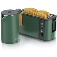 Arendo Frühstücks-Set Edelstahl Wasserkocher 1,5l, 4-Scheiben Langschlitz Toaster, grün (2-tlg), Wasserkocher mit Temperatureinstellung, 2200W, Toaster Brötchenaufsatz