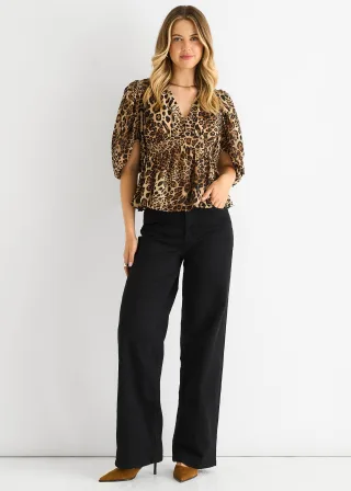 Braune Bluse mit Tiermotiv und Schößchen am V-Ausschnitt