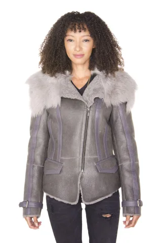 Graue Toscana Shearling-Fliegerjacke für Damen – Teresina