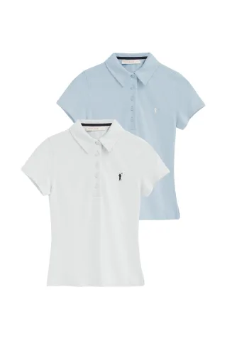 Zweierpack Damen-Poloshirts marineblau und weiß im Slim Fit mit kurzen Ärmeln und Rigby Go Logo Stickerei