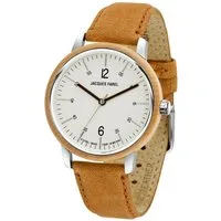 Jacques Farel Quarzuhr ORW1003 nachhaltige Damen Armbanduhr Stahlgehäuse Holzring Lederband 3 bar, Analog Beige Hellbraun Holzuhr Geschenk Frauen Ø38 mm