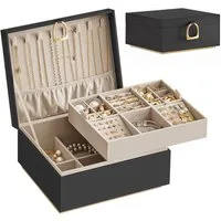 SONGMICS Schmuckkasten Schmuckbox Schmuckaufbewahrung, 2 Ebenen, mit Griff, flexibles Schmucktablett