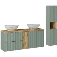 Lomadox Badmöbel-Set NEWPORT-56-GREEN, (Spar-Set, 2-St., Waschtisch Hochschrank), Hochschrank und 140cm Waschtisch mit Waschbecken, Schilfgrün mit Eiche