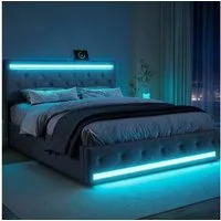 PXloue Polsterbett LED Doppelbett 140x200cm mit Ladefunktion und 4 Schubladen Polsterbett (Geeignet für Jugendliche und Erwachsene), Stauraumbett, mit RGB-LED, Lattenrost und praktischen Schubladen