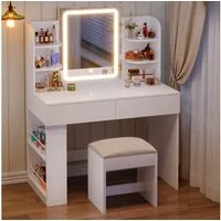 Furnicopia Schminktisch 90/110 cm, LED-Beleuchtung mit einstellbarer Helligkeit, Stauraum (Mit 8 Ablagefachern, 2 Schubladen (beidseitig austauschbar)und optionalem Hocker.Erhältlich in Weiß und Schwarz)
