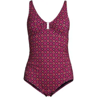Badeanzug mit Ringdetail und V-Ausschnitt, Damen,  Blau, Nylon-Mischung, by Lands' End