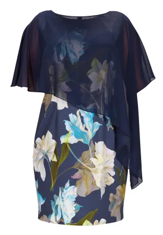 SWING - Curve / Etui Kleid aus bedrucktem Scuba mit Chiffon Überwurf navy / multi - Gr. - 50