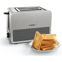BOSCH Toaster TAT7S25, integrierter Edelstahl-Brötchenaufsatz, mit Abschaltautomatik, 2 kurze Schlitze, für 2 Scheiben, 1050 W, Auftaufunktion, ideal für 2 Scheiben Toast, Schwarz/Grau