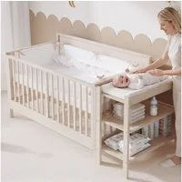 Merax Babybett 3-in-1 Gitterbett 140x70 cm, Massivholz Kinderbett, 1-tlg., 3-fach höhenverstellbar, Beistellbett & Sofa-Modus, mit Wickeltisch