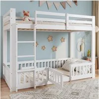Merax Etagenbett 90x200cm mit Treppe und Zäune, Türchen und Gestaltungsraum (Jugendbett Einzelbett Hochbett), Kinderbett 90x200cm mit Tür, Geländer, Leiter & unterem Spielbereich