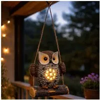 Spetebo LED Dekofigur Solar Gartenfigur Eule auf Schaukel zum Hängen, Einschaltautomatik, LED fest integriert, warm weiß, Eulenfigur warm weiß beleuchtet wasserfest für Außen
