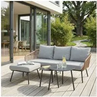 IDIMEX Gartenlounge-Set MYKONOS, (4-tlg), Outdoor Dreisitzer Sofa mit Beistelltisch, Balkonmöbel Set braun/grau
