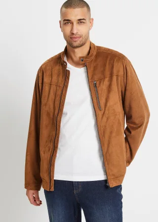bonprix Jacke in Veloursleder-Optik, braun, Gr.50, Coole Bikerjacke im lässigen Look mit Stehkragen, markanten Schulterpatches,und angesagten Metall-AccessoiresLederimitat
