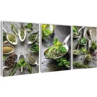 artissimo Mehrteilige Bilder Bilderset 3er-Set, Deko Küche, Küchendeko Wandbilder-Set, Bilder grün, modernes Küchenbild: Kräuter auf Löffeln