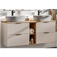 Lomadox Doppelwaschtisch ADELAIDE-56-CASHMERE, 140cm mit Keramik-Waschbecken, kaschmir und Eiche mit gerillter Front