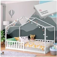Bellabino Hausbett Kinderbett Bia mit Lattenrost (weiß, mit Matratze), Bodenbett mit Rausfallschutz, verfügbar in 80x160 & 90/120/140x200 cm