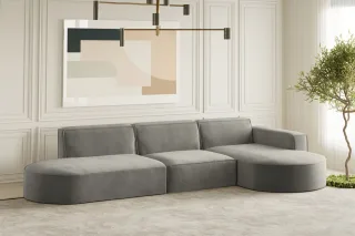 Ecksofa Designersofa PALMA in Stoff Noel Grau Ottomane Rechts