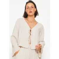SASSYCLASSY Blusenjacke Oversized Leinen Blusenjacke Damen Blusen mit Schleifen Bindebändern und weiten Ärmeln Beige Salbeigrün