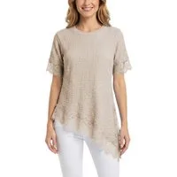 dy_mode Longtunika Damen Longshirt mit Spitzen Kurzarm Tunika in Knitter-Optik Oberteil in Unifarbe, Knitter-Optik, asymmetrisch mit Spitzen-Saum