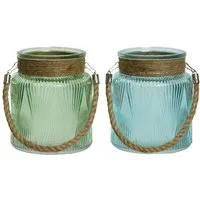 Decoris season decorations Windlicht, Windlicht Glas mit Henkel gerillt 13x15cm grün / blau 2er Set