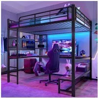 Flieks Hochbett Metallbett 140x200cm mit LED-Leiste, USB-Laden und Schreibtisch
