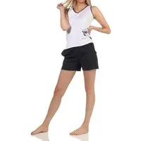 Normann Pyjama Damen Achselhemd Shorty Pyjama mit Katzen Motiv, Hose in Tupfen Optik
