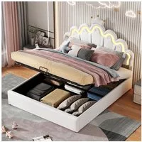 Flieks Polsterbett, LED Kinderbett Doppelbett mit krone-Form Prinzessinnenbett 140x200cm