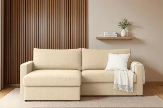 Ecksofa Sofa mit Schlaffunktion BENDIK Stoff Faro Creme Ottomane Links