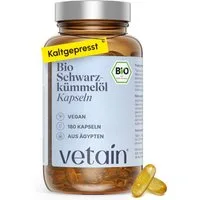 VETAIN Bio Schwarzkümmelöl Kapseln - 1000mg kaltgepresst - Nigella sativa Kapseln, 180 St., Kaltgepresst, rein pflanzlich, allergenfrei & ohne Zusätze