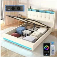 oyajia Polsterbett Doppelbett mit LED Licht,Hydraulisch anhebbarer Stauraumbett 140x200cm (Mit Lattenrost und Ladefunktion, Leinenmaterial Polsterbettt), Modernes Jugendbett, Leises Design Bett, Max. Belastbarkeit 350 kg