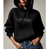 RMK Hoodie Damen Kapuzenpullover Pullover Loose Fit Oversize Be Happy Glücklich mit Kapuze