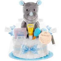 Timfanie Windeln Windeltorte, Kuschel Nashorn, blau, 0-8 Monate (Handgefertigtes Geschenk - In Folie gehüllt, mit Schleifen verziert, 28-St., 20x Pampers Premium, 1 Marken-Kuscheltier, wertige Accessoires), Das Perfekte Geschenk zur Geburt oder Babyp