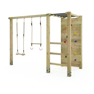 Holzschaukel Aero Rock mit Kletteranbau - stabiles Spielgerüst inkl. Kletterwand und Trapez - 11x11 cm Premium Pfosten - Garten Abenteuer Wickey