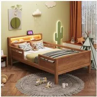 Flieks Kinderbett, Holzbett Einzelbett 90x200cm mit LED-Licht und Aufladen-Funktion