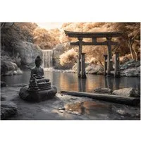 Wallarena Fototapete Buddha Wasserfall - Grau - Vlies - Schlafzimmer, glatt, (8 St), 400x280cm
