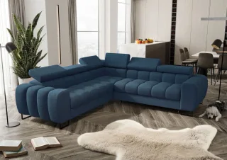 Ecksofa Schlafsofa BASTIEN in Stoff Aragon Dunkelblau Seite Universal