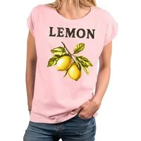 MAKAYA Kurzarmshirt mit Zitronen Print für Damen Modern Lässig Elegant (Weiß, Rosa, Grau, Grün, 34, 36, 38, 40, 42, 44, 46, 48, 50) aus Baumwolle