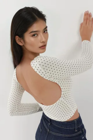 Offene Rückseite Polka Dot Langarm Enganliegendes Crop Top