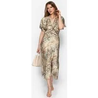 SASSYCLASSY Satinkleid Satin Midikleid mit Animal Print für Damen Langes Kleid in fließender Optik mit Wickel-Look V-Ausschnitt Grün