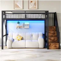 Odikalo Hochbett 90x200 140x200 Kinderbett Jugendbett, LED Schreibtisch Stauraumtreppe (Eisenrahmen, Lagerregal, Hängendes Gitter, LED-Lichtleiste, Schreibtisch, Treppenkonstruktionen mit Stauraum,mit 2 USB-Anschlüssen und 1 Typ-C-Buchse, Ohne Matrat