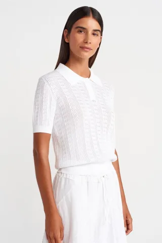 Strukturierte Spitzenstrick-Polo-Bluse