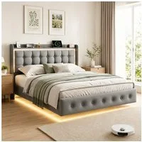 Simurq Polsterbett Schwebebett mit LED-Beleuchtung und USB, Doppelbett 140x200cm (Packung, 1-tlg., Jugendbett mit Kopfteil, Samtstoff), Schwebender visueller Effekt