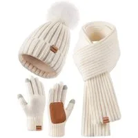 Blusmart Mütze & Schal Wintermütze, Schal und Handschuhe für Damen (Touchscreen-Handschuhe, 3-tlg., Bequem und warm) Für winterliche Outdoor-Aktivitäten wie Skifahren