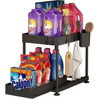 SURFOU Ablageregal Arbeitsplatte Badezimmer Schubladen Küchen Organizer Regal, Multifunktionales Spülschrankregal mit Schublade, 4 Haken und 1 Tassen, Unter Waschbecken Regal Spülschrank Organizer, 2 Etagen Standregal Küche Arbeitsplatte Regal Organi